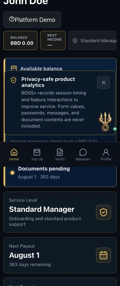 Mobile BOSS+ client workspace with account status and funding projection
